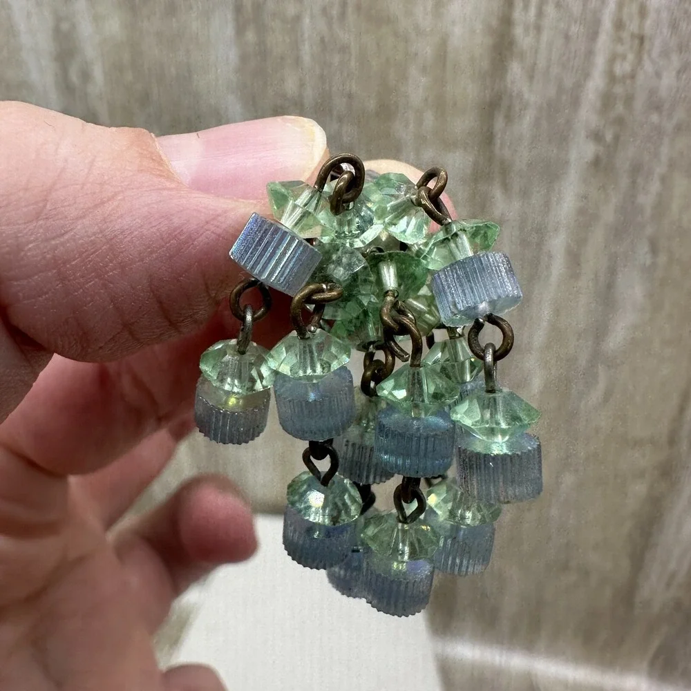 Vintage Clip On Earrings‎ Blue Glass Beaded Dangle Old Hollywood Glam Estate